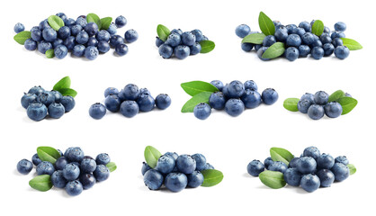 Set with fresh ripe blueberries on white background