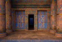 Entrance Doorway To Ancient Egyptian Tomb Or Temple With Blue And Gold Painted Decorative Columns And Walls. 3D Rendering.