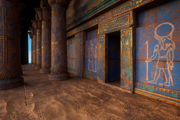 Poster - Ancient Egyptian temple or tomb entrance surrounded by blue and gold painted columns and walls. 3D illustration.