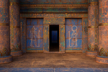 Wall Mural - Entrance doorway to ancient Egyptian tomb or temple with blue and gold painted decorative columns and walls. 3D rendering.