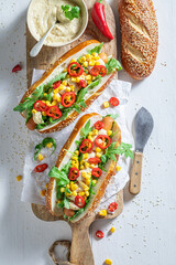 Wall Mural - Hot and homemade hot dogs with corn, sauce and chilli.