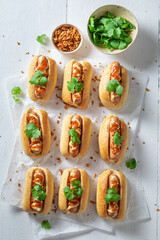 Wall Mural - Spicy and delicious mini hot dogs with mustard and herbs.