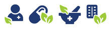 Natural Medicine With Leaf Icon Vector Set. Herbalism And Naturopathy Remedy Symbol Illustration.