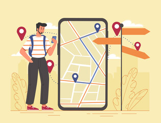 Poster - gps system concept. man with smartphone studies map, tourist orients himself in place. gadgets and d