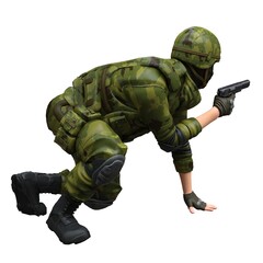 Soldier with a handgun isolated white background 3d illustration