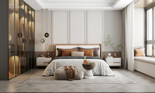 White Gray Bedroom Interior With Fireplace Carpet  Dry Plants And Decor. 3d Render Illustration Mock Up