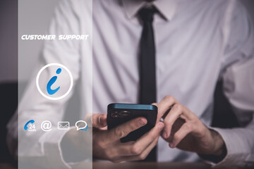 Poster - businessman holding smartphone to contact the customer support