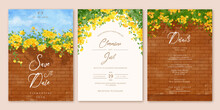 Set Of Wedding Invitation Template With Watercolor Yellow Bougainvillea Flower Brick Wall Landscape