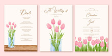 Watercolor Pink Tulip Flowers Vase Set Wedding Invitation Template