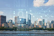 Leinwandbild Motiv City view of Downtown skyscrapers of Chicago skyline panorama over Lake Michigan, harbor area, day time, Illinois, USA. The concept of cyber security to protect companies confidential information
