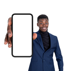 Poster - African businessman show mockup display smartphone, isolated ove