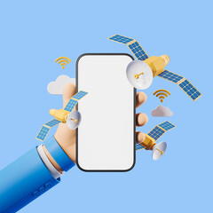 Poster - Cartoon hand with phone, satellite flying, cloud with wifi. Mockup display