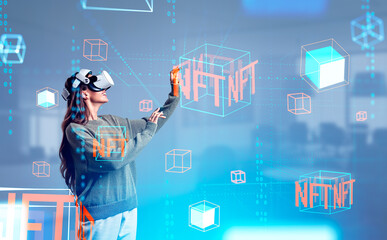 Wall Mural - Businesswoman in vr glasses, working with nft data blocks in metaverse