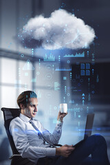 Poster - Financial data analysis and monitoring concept with handsome young businessman with coffee cup and laptop and abstract digital data flow and cloud network interface, double exposure