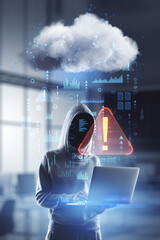 Poster - Hacking and internet security concept with faceless person in hoody with laptop in hands and abstract digital data cloud network interface with exclamation point, double exposure