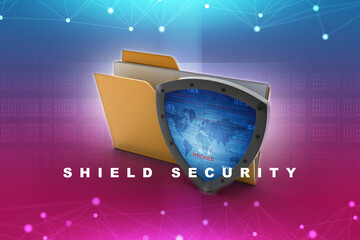 Poster - laptop folder with shield. Isolated 3d rendering image
