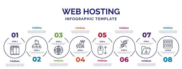 Poster - infographic template with icons and 8 options or steps. infographic for web hosting concept. included raid, domains, improve, scrolling, feature, upload file, mockup de icons.
