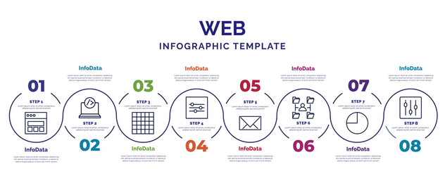 Poster - infographic template with icons and 8 options or steps. infographic for web concept. included web page variant, grid on, on slider, message closed envelope, multitasking man, circular graphic,