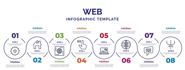 Poster - infographic template with icons and 8 options or steps. infographic for web concept. included favorite up, world wide web on grid, tab, looking for students, news, book and speech bubble, darkness