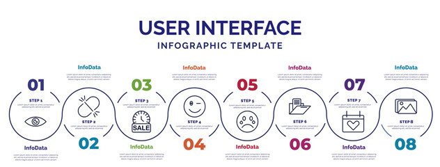 Poster - infographic template with icons and 8 options or steps. infographic for user interface concept. included visual, sale time, wink smile, crying smile, data folder, heart on calendar, images icons.