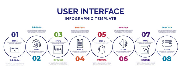 Poster - infographic template with icons and 8 options or steps. infographic for user interface concept. included delete button, square stop button, form, alarm button, loud audio, check box, list icons.