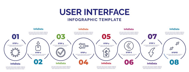 Poster - infographic template with icons and 8 options or steps. infographic for user interface concept. included selectioned circle, right, refresh left arrow, house value, double arrows, curve arrow, scale