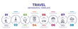 infographic template with icons and 8 options or steps. infographic for travel concept. included backpacker, road map and pin, map book, bus ticket, venice, student backpack, vaticano icons.