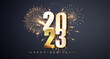 New Year 2023 banner on the background of fireworks. Luxury greeting card Happy New Year. Fireworks celebration background.