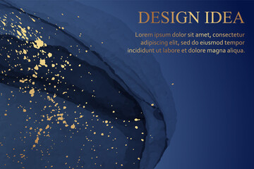 Modern watercolor background or elegant card design or wallpaper or poster with abstract navy blue ink waves and golden splashes.