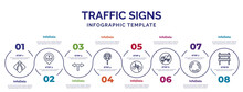 Infographic Template With Icons And 8 Options Or Steps. Infographic For Traffic Signs Concept. Included Narrow Bridge, T Junction, Bus Stop, No Bicycle, No Trucks, Roundabout, Barrier Icons.