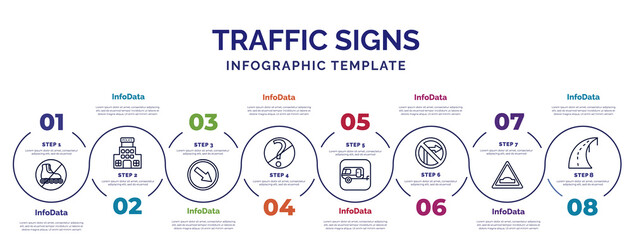 infographic template with icons and 8 options or steps. infographic for traffic signs concept. included no skating, keep right, no doubt, caravan, no turn right, hump, highway icons.