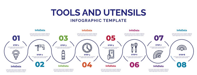 Poster - infographic template with icons and 8 options or steps. infographic for tools and utensils concept. included incandescent, times square, clock and watch, hand phones, utensils, tessen fan, chinese