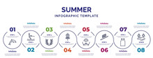 Infographic Template With Icons And 8 Options Or Steps. Infographic For Summer Concept. Included Jumping Dolphin, Wreath, Disc Golf, Terrace, Funicular, Sleeveless, Lake Icons.