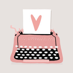 Wall Mural - cute romantic vector illustration with love letter in a typewriter. pink heart on a sheet of white p