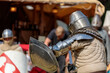 Leinwandbild Motiv Knight in full armour with shield