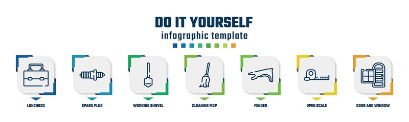 Wall Mural - do it yourself concept infographic design template. included lunchbox, spark plug, working shovel, cleaning mop, fender, open scale, door and window icons and 7 option or steps.