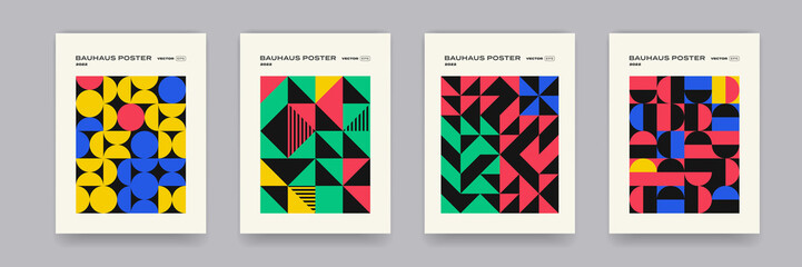 Aufkleber - Geometric bauhaus pattern background, vector abstract circle, triangle and square lines art. Yellow, blue, red and green color, trendy geometric pattern backgrounds set