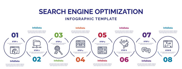 Poster - infographic template with icons and 8 options or steps. infographic for search engine optimization concept. included speed, keywords, link, site, funnel, speech bubbles, tactical icons.