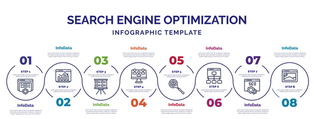 Poster - infographic template with icons and 8 options or steps. infographic for search engine optimization concept. included content, whiteboard, lead, search engine, sitemap, seo and web, image icons.
