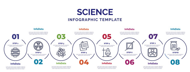 Poster - infographic template with icons and 8 options or steps. infographic for science concept. included force, microorganism, notes, lab, refraction, radioactivity, medicines icons.
