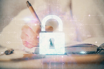 Aufkleber - Double exposure of hands making notes with lock icons. Concept security and protection of data