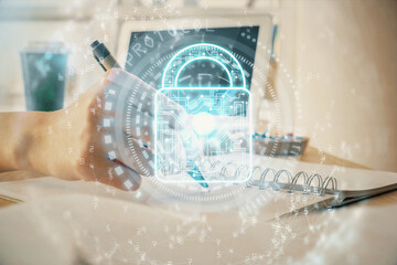 Aufkleber - Double exposure of woman's hands writing with lock icon. Concept of security and protection of data