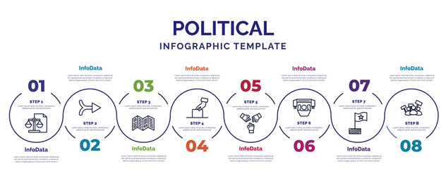 Poster - infographic template with icons and 8 options or steps. infographic for political concept. included political balance, leaflet, ballot, unity, supporter, political flag, protest icons.