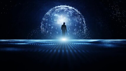 Canvas Print - Man silhouette in digital binary code sphere cyberspace network.