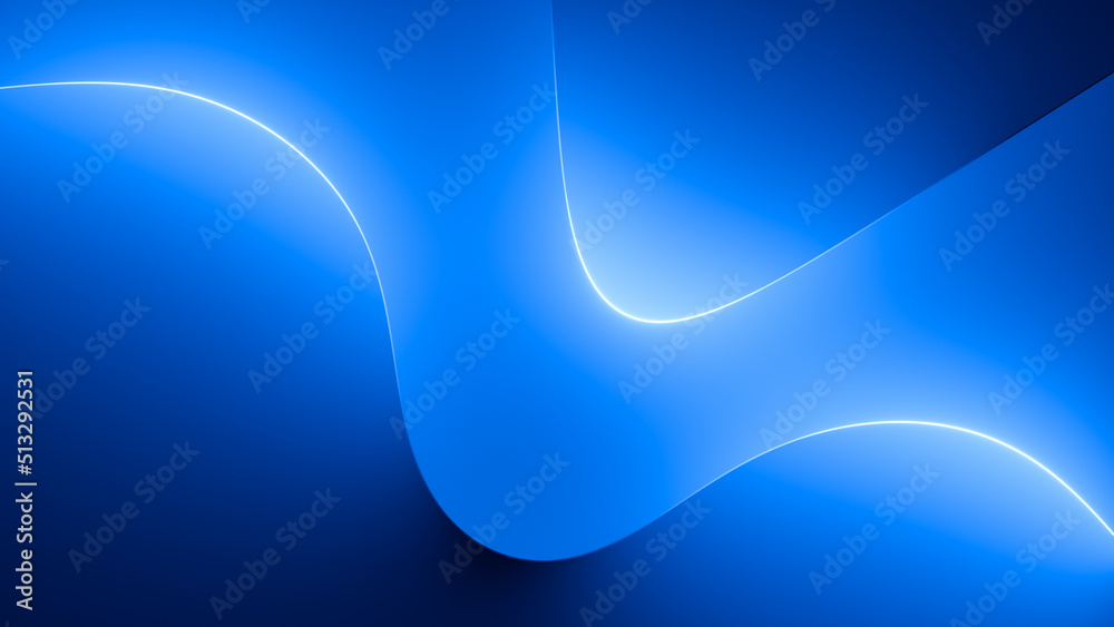 3d render, abstract blue background with glowing curvy lines ...