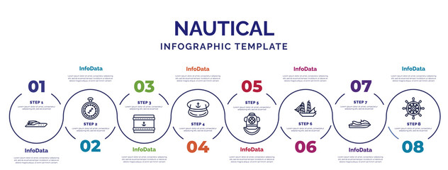 infographic template with icons and 8 options or steps. infographic for nautical concept. included yacht facing right, sea package, sailor cap, diving helmet, frigate, facing right, boat steering