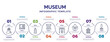 infographic template with icons and 8 options or steps. infographic for museum concept. included security guard, acrylic, antique column, metal detector, open, museum building, statue icons.