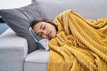 Poster - Young african american woman lying on sofa sleeping at home