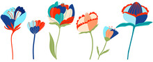Variety Of Multicolour Trendy Flowers. Flat Vector Illustration For Web, App, Print, Stationery. Elegant Feminine  Floristic Isolated  Flowers. Garden, Botanical, Minimalistic Floral Set.