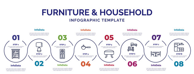 Wall Mural - infographic template with icons and 8 options or steps. infographic for furniture & household concept. included shelf, door, small saucepan, footstool, wall shelves, dinner table, cabinets icons.